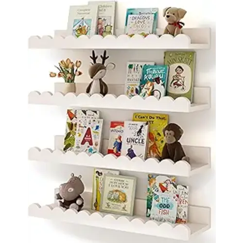 Nursery Book Shelves, 4-Pack White Floating Shelves for Wall Kids, Scalloped Shelves, Wall Book Shelves for Bedroom Kids, Toddler Room, Baby Room, Nursery Decor