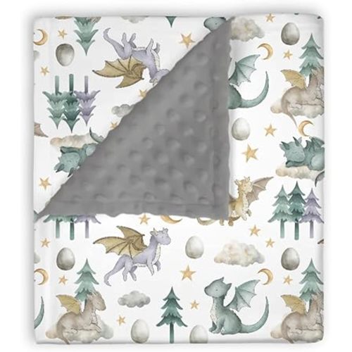 Mink Baby Boy Girl Blankets Watercolor Dragon Tale, Whimsical Dragon Egg Star Cloud Double Layer Dotted Backing Receiving Swaddle, Newborn Infant Toddler Nursery Crib Bedding Shower Gift 30x40