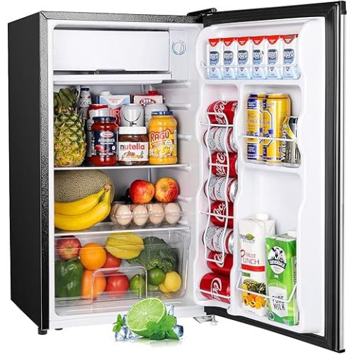 Upstreman 3.2 Cu.Ft Mini Fridge with Freezer, Single Door Mini Fridge, Dorm Fridge, Adjustable Thermostat, Mini Refrigerator for Dorm, Office, Bedroom, Stainless Steel-SR321
