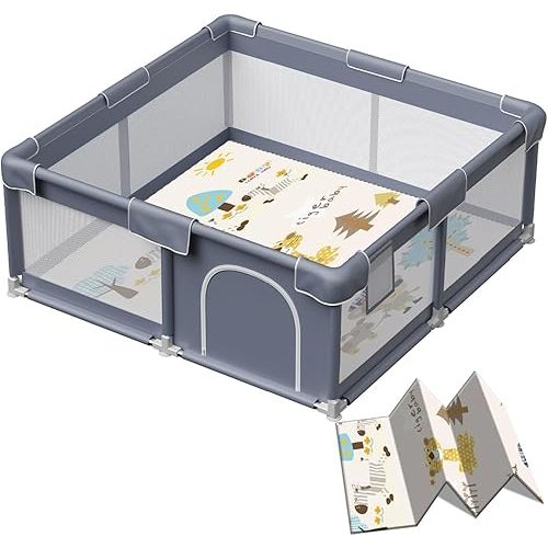 Baby Playpen with Mat, 50x50 Inch Playpen with Mat Waterproof for Babies and Toddlers Play Pen Playards Safety Gate Fence Active Center Indoor