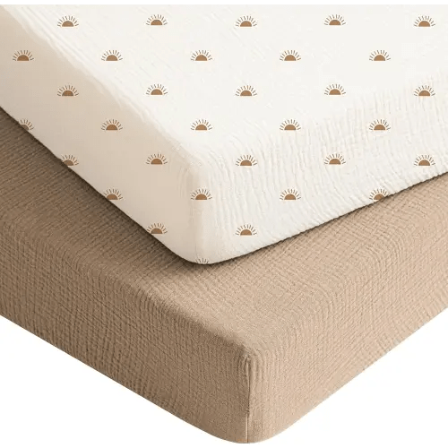 Konssy Muslin Crib Sheets for Boys, Soft Cotton Neutral Baby Sheets for Standard Crib Mattress 2 Pack, 52"x28" (Camel, Sun)
