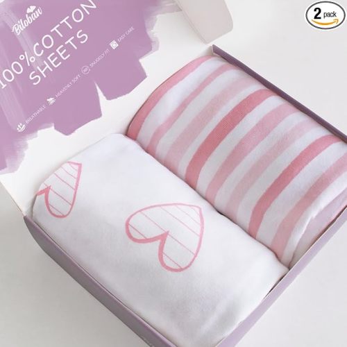 Bassinet Sheets Compatible with AirClub, GoFirst and MiClassic Bassinet Bedside Sleeper, 2 Pack, 100% Jersey Knit Cotton Fitted Sheets, Pink Stripes and Hearts Print for Baby Girls