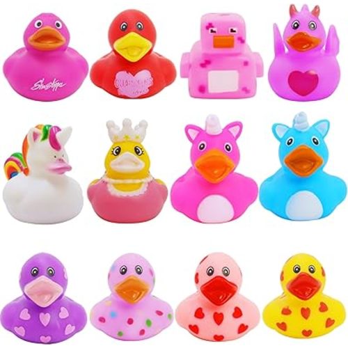 Rubber Ducks Toy Duckies for Girls,12Pack Ducking Pink Rubber Duck in Bulk, Ducks for Unicorn Ducks Baby Bath Toys, Birthday Party Stocking Stuffers Classroom Gift (Valentine's Ducks)