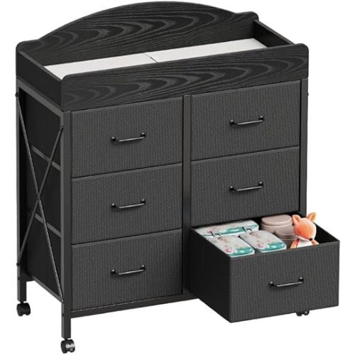 Baby Changing Table Dresser with Wheels, 6-Fabric Drawer Baby Dresser with Changing Table Top, Waterproof Diaper Changing Station & Pad, Mobile Storage Unit, Compact Baby Furniture, Black