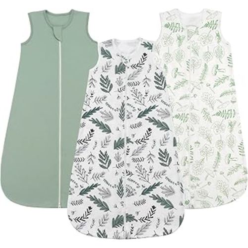 Baby Sleep Sack 3 Pack, 0.5 TOG 100% Cotton Wearable Blanket Baby, Sleeveless Sleep Sacks 12-18 Months, Leaves & Green