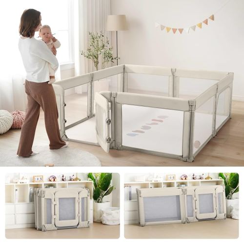 Baby Playpen,Large Play Pen for Babies and Toddlers with Door 79x71 Inch, Adjustable Playpen Non-Slip Suction Cups Base Safe and Sturdy, Indoor Outdoor Playard,Khaki