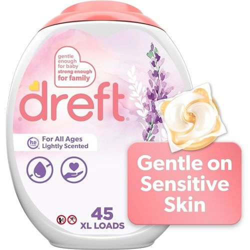 Dreft Laundry Detergent Pacs, HE Compatible, Lightly Scented, Lavender, 45 Count - 45 Count (Pack of 1)