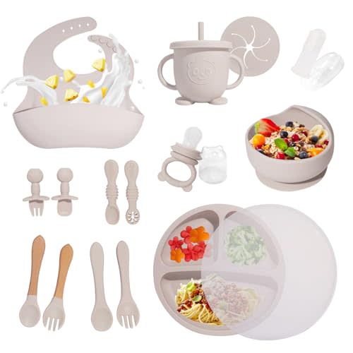 17PCS Silicone Baby Feeding Set, Baby Led Weaning Supplies with Bib Cup Divided Plate and Bowl Self Feeding Spoons Forks Set, BPA-Free Baby Utensils, Toddler Feeding Supplies (Beige)