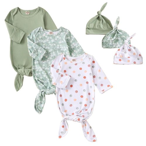 OPAWO Newborn Baby Knotted Gowns with Mitten Cuffs and Hat Baby Sleeper Gowns Coming Home Outfit for Baby Boy Girl 0-6 Months
