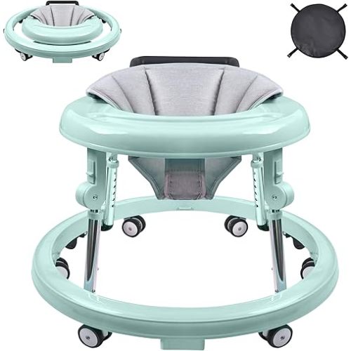 Baby Walker, Foldable 9-Gear Height Adjustable Baby Walker with Wheels, Infant Toddler Walker with Foot Pads, Anti-Fall Baby Walkers and Activity Center Bouncer Combo for Boys and Girls 6-24 Months
