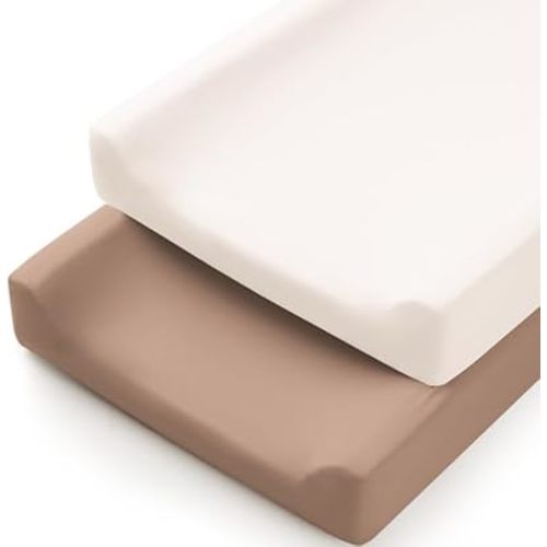 Konssy 2 Pack Stretchy Changing Pad Covers for Girl, Boy, Silky Soft Changing Table Cover, Breathable Baby Nursery Diaper Chang Pad Sheets (Brown,Beige)