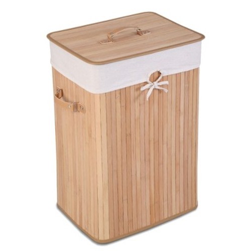 Costway Rectangle Bamboo Hamper Laundry Basket Washing Cloth Bin Bag Lid Natural, Color: Natural/white