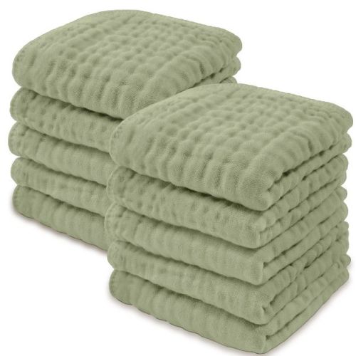 Baby Washcloths Muslin Cotton, Large 10”x10” by Comfy Cubs (Sage, Pack of 6)