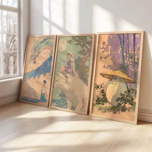 Studio Ghibli Art Print Set · Haku Poster · Princess Mononoke Print · Totoro Wall Art · Japanese Ukiyo-e Style · Anime Collectible Set · 3pc