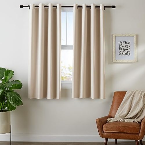 Amazon Basics Room Darkening Blackout Window Curtain with Grommets, 52 x 63 Inches, Beige - Set of 2 - 52 in x 63 in