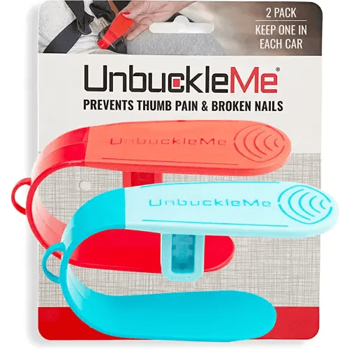 UnbuckleMe Car Seat Buckle Release Tool (As Seen on Shark Tank) - Easy Opener Aid for Arthritis, Long Nails, Older Kids - Button Pusher for Infant, Toddler, Convertible Car Seats (2 Pack, Blue & Red)