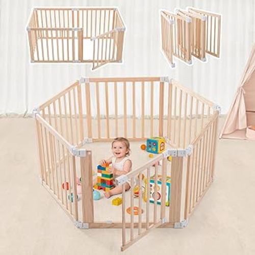 Foldable Wooden Playpen-51x51x25in-Large Baby Gate Playpen with Child-Proof Lock-Easy Assembly, Portable Design for Babies & Toddlers- Shape& Size Adjustable Baby Fence Play Area (Wood, 6 Panel)