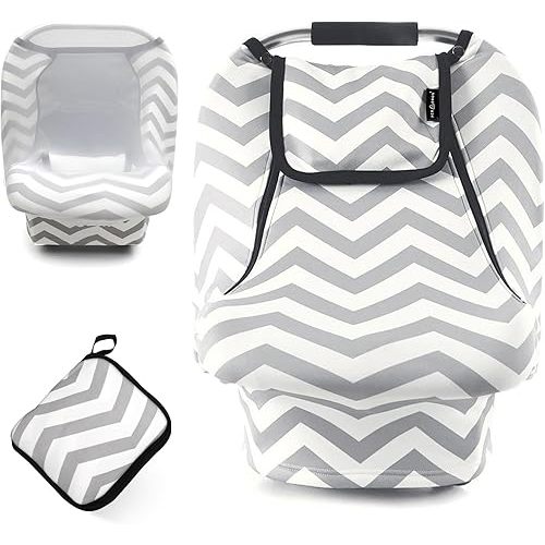 ACRABROS Car Seat Covers for Babies,All Season Infant Carseat Cover Canopy for Boys and Girls,Stretchy Adjustable Peeping Window with Mesh Cover,Warm Breathable Universal, Grey White Chevron