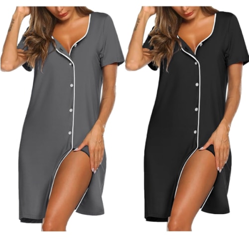 Ekouaer Nightgowns for Women 2 Pack Button Down Sleepshirt Short Sleeve Nightshirt Soft Sleepwear V Neck Pajama Dress