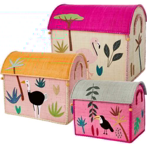 Set of 3 Raffia Storage Baskets, Pink Jungle - Rice by Rice | Maisonette