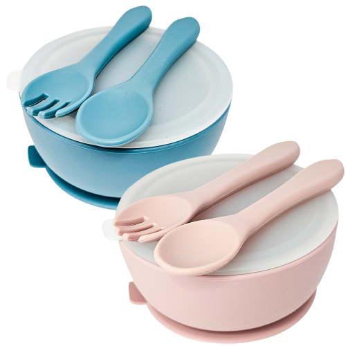 HippoBaby 6 Piece Silicone Suction Baby/Toddler Bowl Set with 2 Bowls, 2 Spoons, 2 Forks, Safe Food Grade Silicone, Soft on Gums (Rose Quartz/Sky)