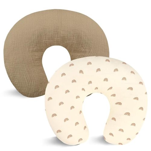 Hooyax Muslin Nursing Pillow Covers 2 Pack, Soft and Breathable Nursing Covers for Breastfeeding Pillows, Adorable Infant Feeding Pillow slipcover for Baby Boy and Girls (Brown Rainbow)