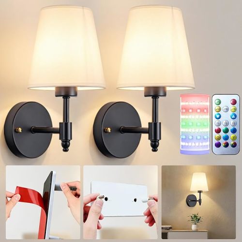 Battery Operated Wall Sconces Set Of Two, Wireless Battery Wall Light With 10000mAh RGB Rechargeable Magnetic Bulb, Rechargeable Wall Sconce With Remote Control For Bedroom, No Electrician Required