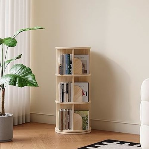 3-Tier Rotating Bookshelf 360°, Wood Book Shelf for Small Spaces, Corner Bookshelf with Storage - Natural Wood Bookcase & Bookshelf for Bedroom, Living Room, Office