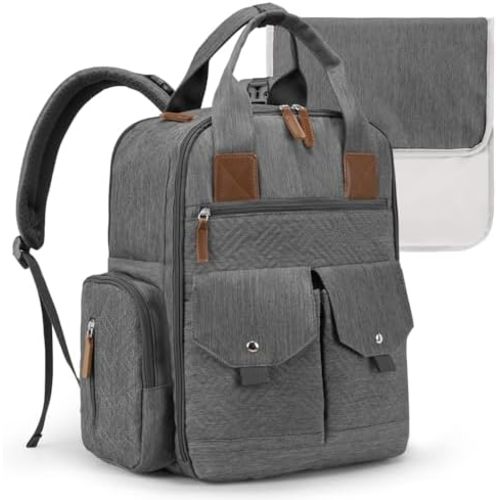 Diaper Bag Backpack - Large Diaper Bag with Portable Changing Pad as Baby Shower Gifts, Lightweight Waterproof Unisex Travel Baby Bag with 4 Insulated Pockets and Stroller Buckles, Dark Grey