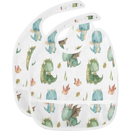 Caikeny Baby Feeding Bibs Crocodiles Infant Drooling Bibs Flowers Leaf Food Bibs with Pocket for Toddler Girls Boys Set of 2