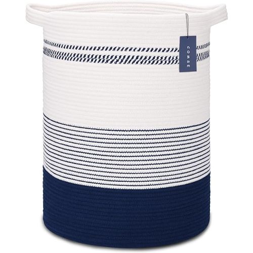 COMSE Extra Large Blanket Basket, Tall Laundry Basket, Nursery Hamper, 15.7”x 21.7”, Cotton Rope Woven Laundry Hamper for Storage Toys Clothes Towels, Navy Blue & White