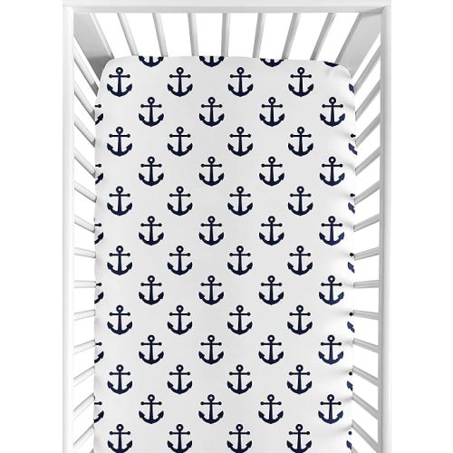 Sweet Jojo Designs Navy Blue and White Fitted Crib Sheet Anchors Nautical Theme