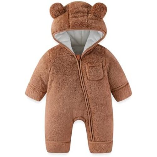 Newborn Baby Bear Outfit With Fold-Over Mittens and Footies Girls Boys Winter Fleece Clothes Hooded Romper Snowsuit