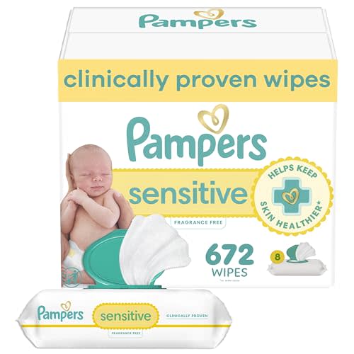 Pampers Baby Wipes, Sensitive, Water Based Wipe, Clinically Proven, Hypoallergenic, and Unscented for Babies, 672 Wipes Total (8 Flip-Top Packs) [Packaging May Vary]