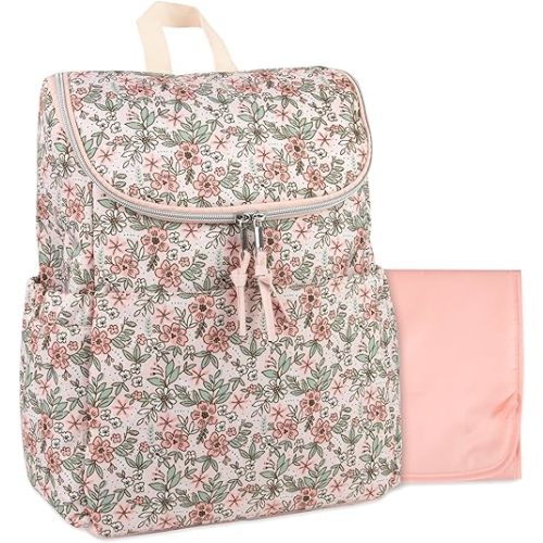 Multi-Function Floral Diaper Backpack and Travel Nappy Baby Bag with Changing Pad and Stroller Straps (Freshly Floral)