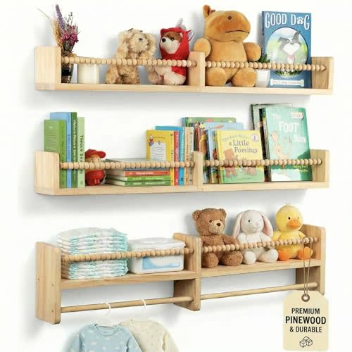 Nursery Shelves for Wall – Nursery Book Shelves with Hanging Rod – Set of 3 Wooden Wall-Mounted Shelves, Rounded Edges, Nursery Bookshelf for Kids Room Decor, 31.5" x 3.9" x 3.7"