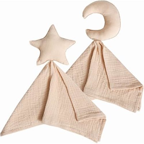 insular Baby Lovey Blanket for Boys and Girls, Organic Cotton Muslin Security Blanket for Babies, Soft Breathable Lovie Soothing Towel for Newborn and Infant, Star&Moon (Khaki)