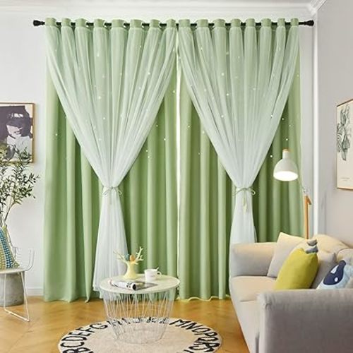 Star Curtains Double Layer Curtains Blackout Curtains for Bedroom Kids Curtains Cute Curtains, Curtains 84 Inches Long 2 Panels Set, Green Curtains, 42 X 84 Inches