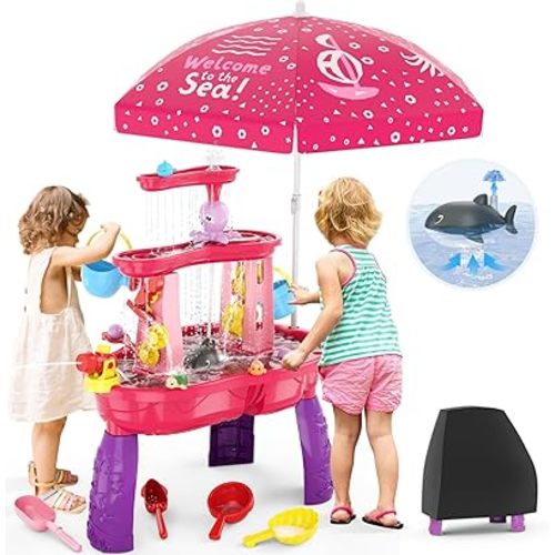 3-Tier Kids Sand Water Table with Pink Umbrella & Cover, Toddlers 3-5 Activity Sensory Play Table for Outdoor Beach, Pink