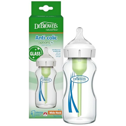 Dr. Brown's Natural Flow Anti-Colic Options+ Wide-Neck Glass Baby Bottle 9 oz/270 mL,with Level 1 Slow Flow Nipple,1 Pack,0m+