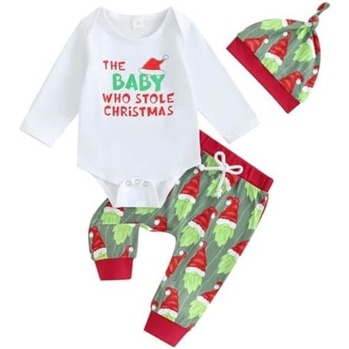 Lamuusaa Newborn Baby Boy Christmas Outfit My First Christmas Romper Shirts Long Pants Hat 3Pcs Fall Outfits 0-24M
