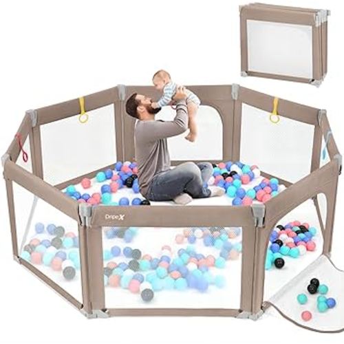 Dripex Foldable Baby Playpen, 71"x71" Large Foldable Playpen for Babies and Toddlers, Baby Gate Playpen with 5 Handlers, Visible Play Yard for Baby, Indoor & Outdoor Toddler Playpen, Khaki