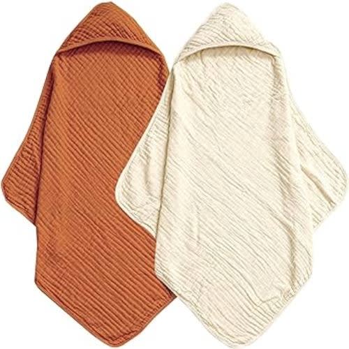 david's kids 2 Pack Hooded Baby Towels, 100% Muslin Cotton Baby Bath Towels, Ultra Soft Breathable Absorbent Towels for Infant Toddler and Kids, Newborn Essentials, Large 32x32Inch, Beige & Brown