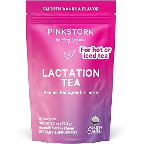 Pink Stork Organic Lactation Support Tea for Breast Milk Supply - Fenugreek, Milk Thistle, + Fennel - Breastfeeding Essentials, Caffeine-Free - Hot or Iced - 15 Sachets, Smooth Vanilla
