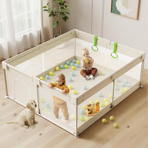 Uanlauo Beige Large Baby Playpen - 69x59in Playpen for Babies and Toddlers, Safe Indoor Play Pen, Baby Pen with Storage Bag and Breathable Mesh