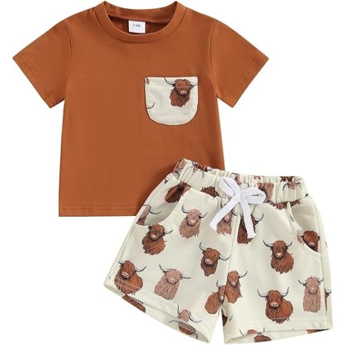 Western Baby Boy Summer Clothes Short Sleeve T-shirt with Elastic Waist Shorts Set Summer Outfit 2Pcs