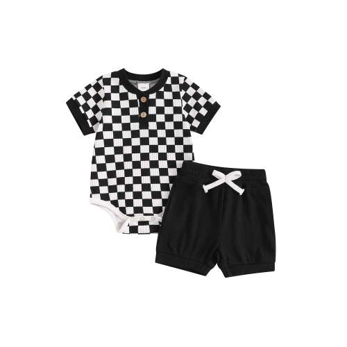 Qmyliery Baby Boys Summer Outfits Checkerboard Buttons Short Sleeve Romper and Shorts 2Pcs Clothes Set 3 6 9 12 18 Months
