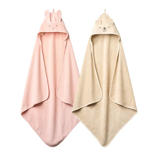 Huxie Baby Hooded Towel – Organic Cotton Baby Bath Towels, 32" x 32" Super-Soft and Absorbent Baby Towels for Newborn 2-Pack (Rabbit Blush/Bear Fog)