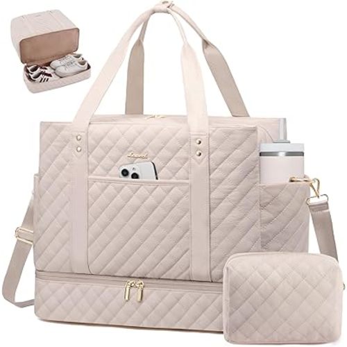 LOVEVOOK Large Travel Duffle Bag for Women, 45L Weekender Bags with Shoe Compartment & Wet Pocket, Quilted Carry On Personal Item Bag, Overnight Hospital Bags for Labor Delivery Nude