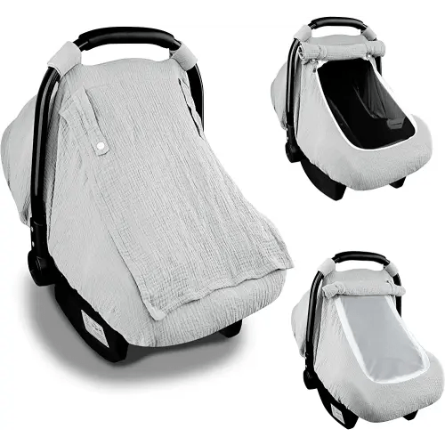 Muslin Car Seat Covers for Babies, Summer Baby Car Seat Cover for Boys Girls with Breathable Window, Lightweight Infant Car Seat Canopy, Gray